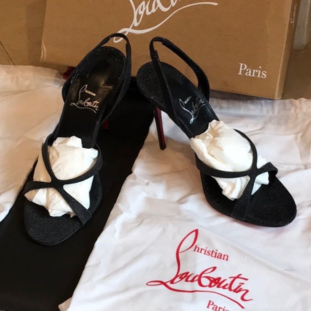 Christian Louboutin Black EMILIE 100 Calf Glitter Strappy Heels Sandals Shoes